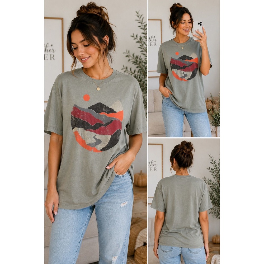 Buckle Mountain Sunset Graphic Tee Olive Green Size Large NWT